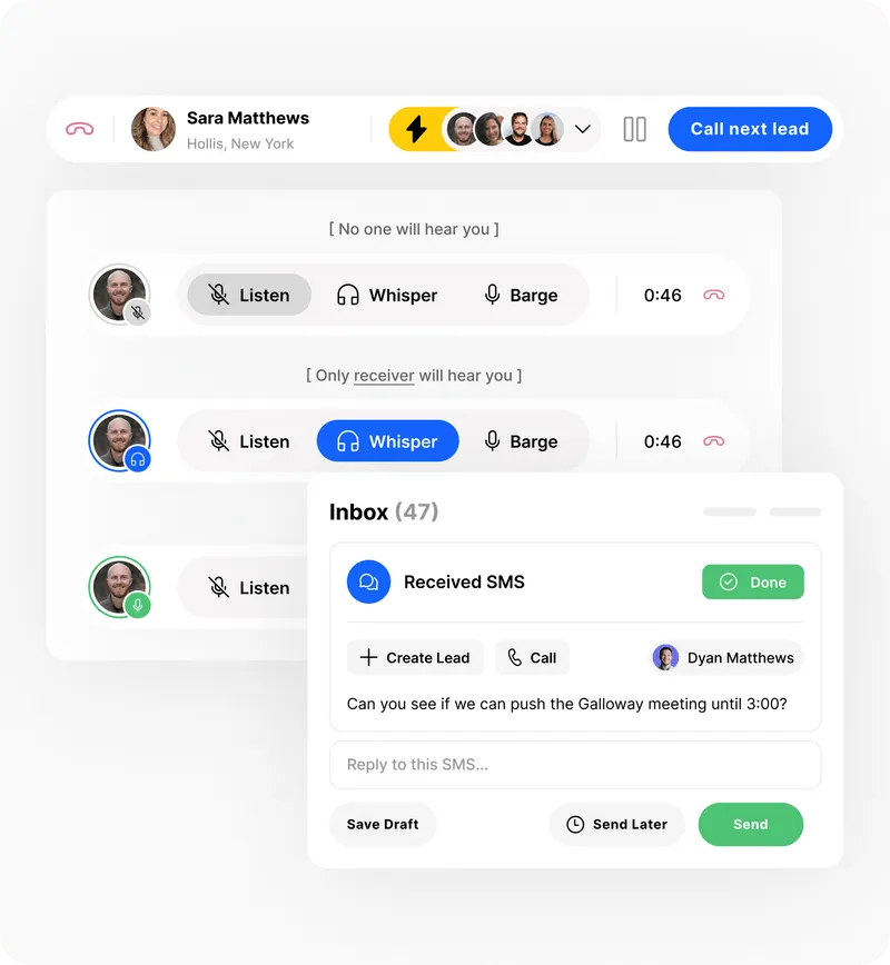 CRM call interface with options to listen, whisper, or barge, and SMS inbox showing a meeting message.