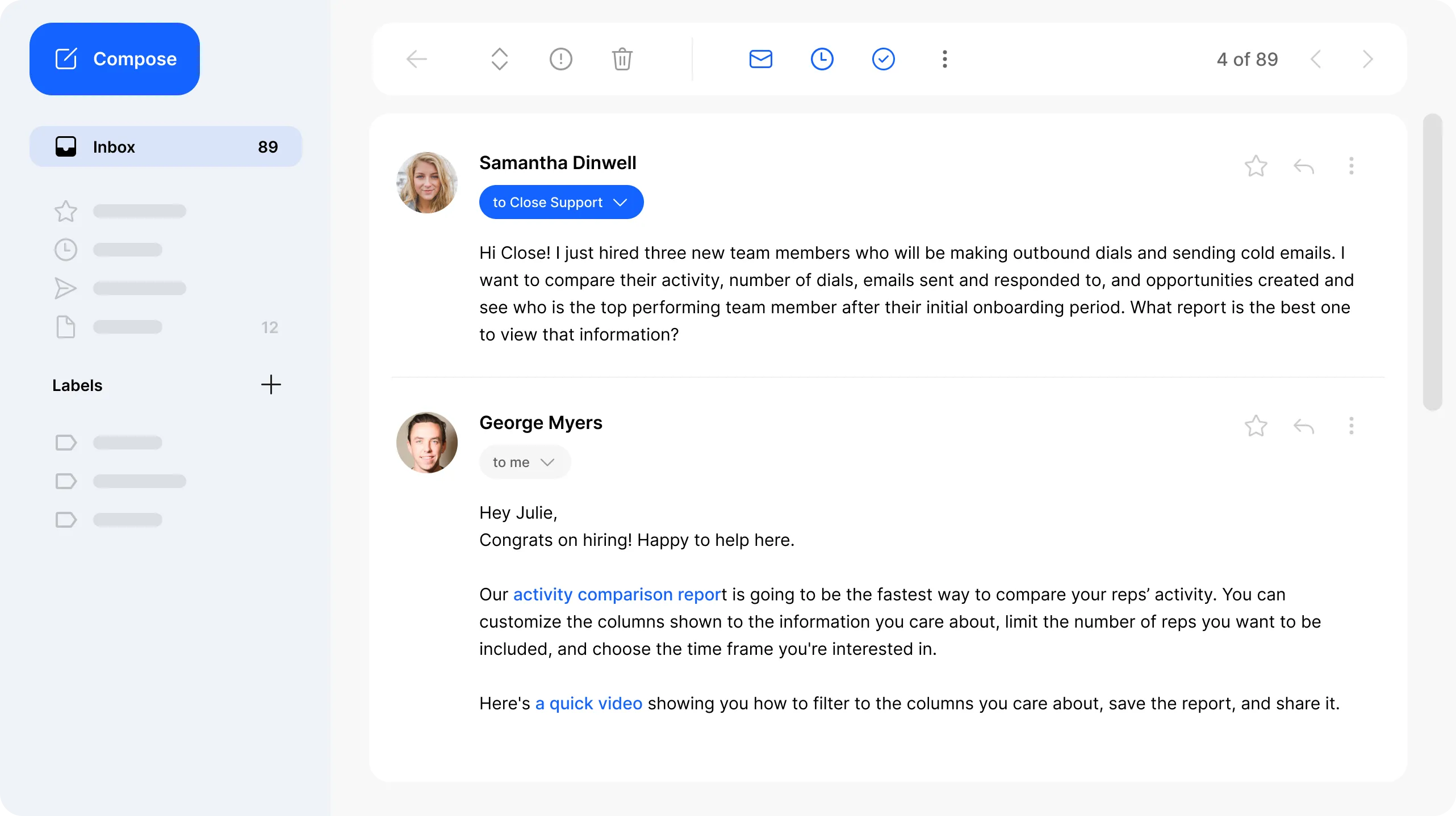 Email exchange about using an activity comparison report to track outbound dialing and email performance.