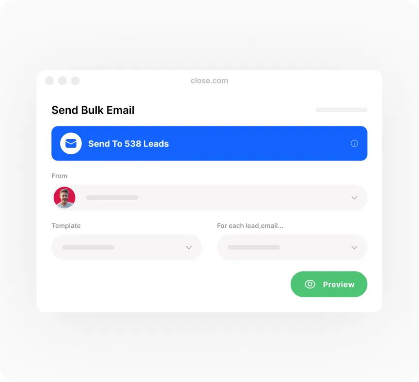 Interface for sending bulk emails to 538 leads with send, template selection, and preview button.