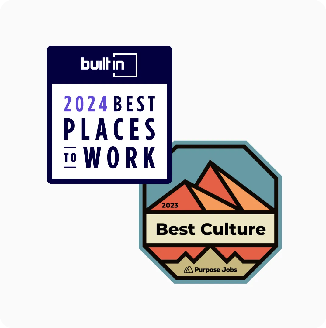 Two award badges: 2024 Best Places to Work and 2023 Best Culture by Purpose Jobs.