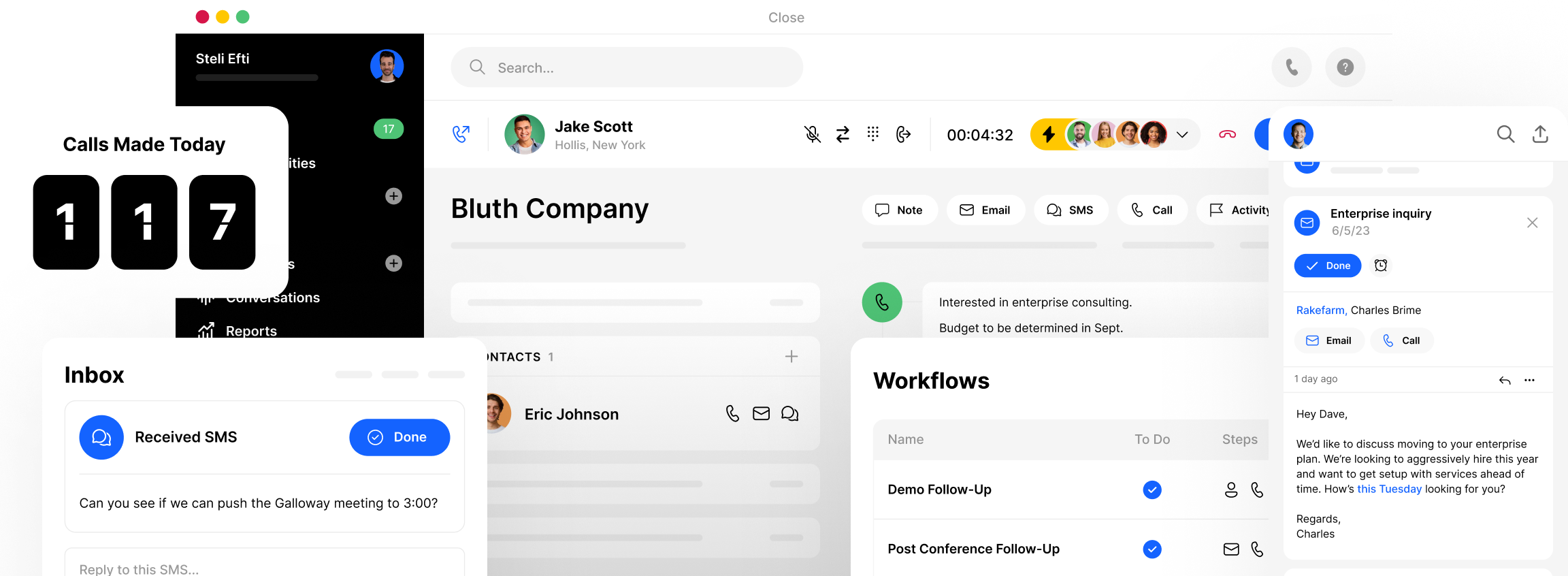 Close app collage — call assistant, inbox, contacts, and workflows