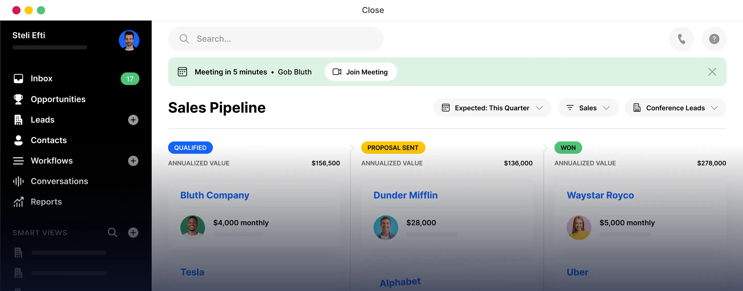 Close CRM sales pipeline screenshot