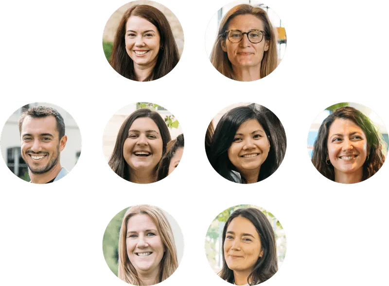 Portraits of nine smiling diverse people with natural backgrounds arranged in a grid pattern.