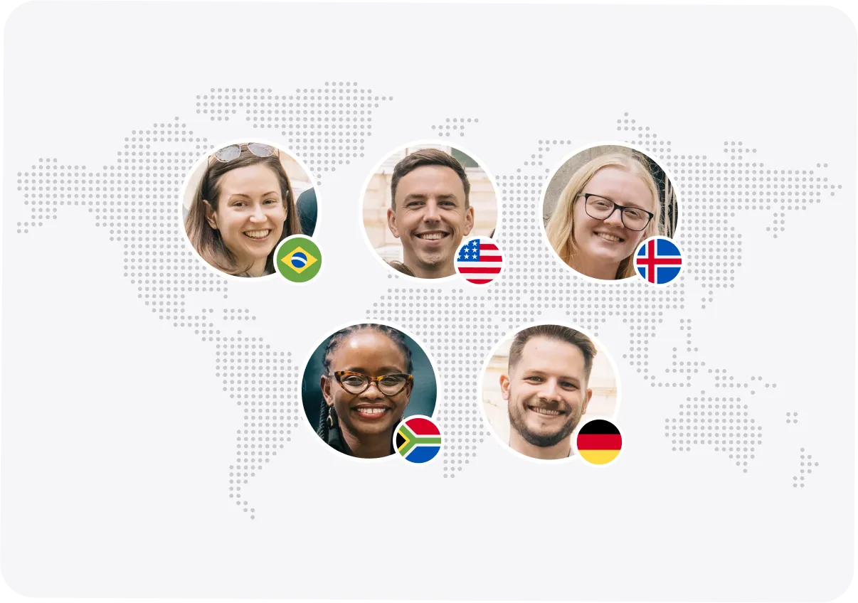 Smiling diverse people with Brazil, USA, Iceland, South Africa, and Germany flags on a dotted world map.