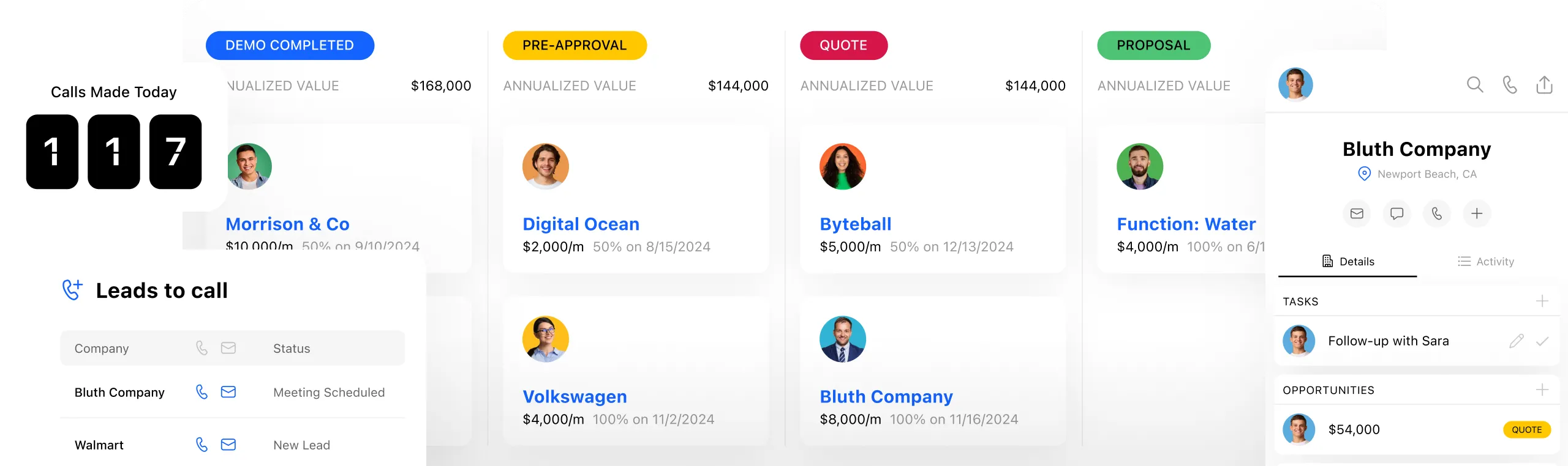 CRM pipeline with stages: Demo Completed, Pre-Approval, Quote, Proposal; calls made today: 117; leads to call list.