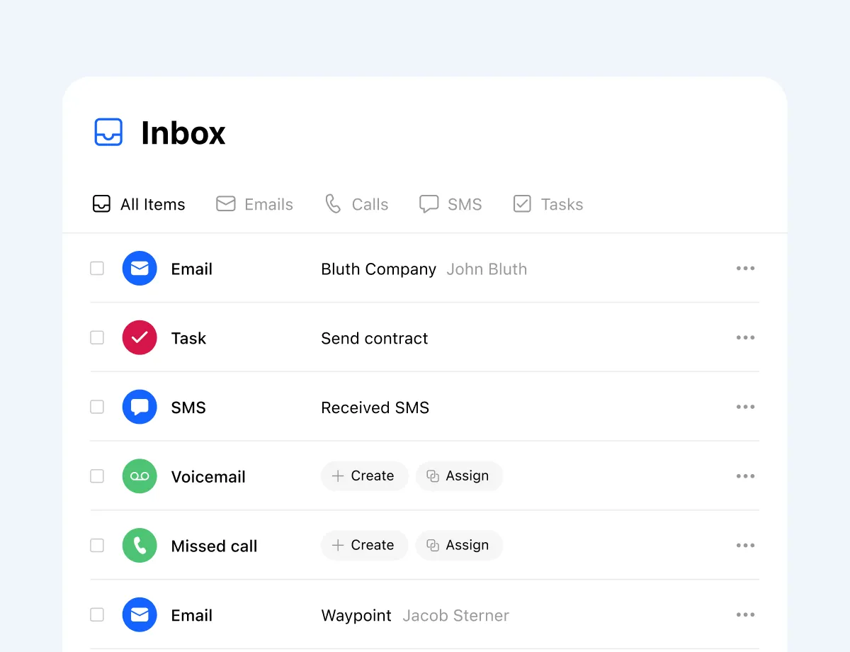 Inbox interface showing emails, a task, SMS, voicemail, and missed call entries with icons and details.