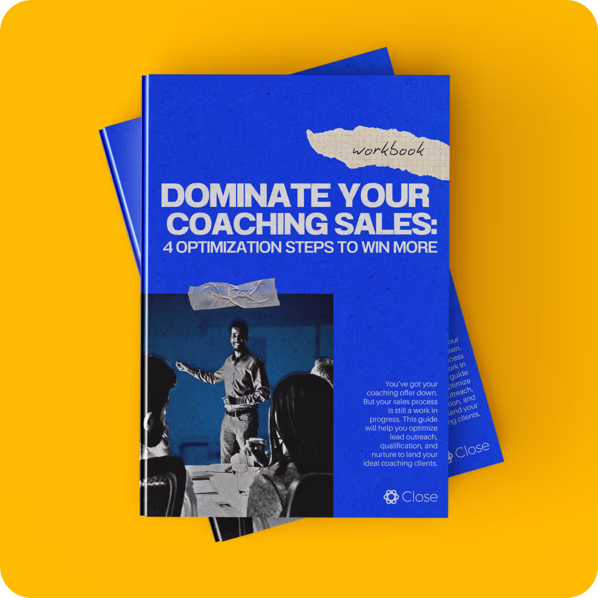 Blue workbook titled DOMINATE YOUR COACHING SALES: 4 optimization steps to win more with a smiling speaker image.