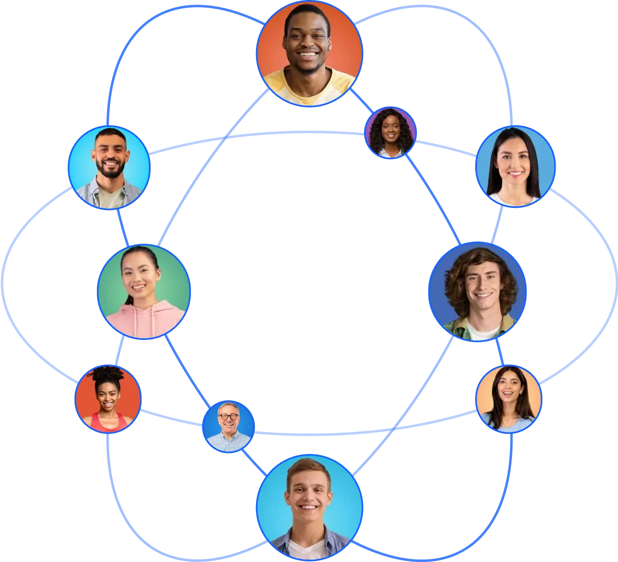 Network of diverse smiling people connected by blue lines, symbolizing social or professional connections.