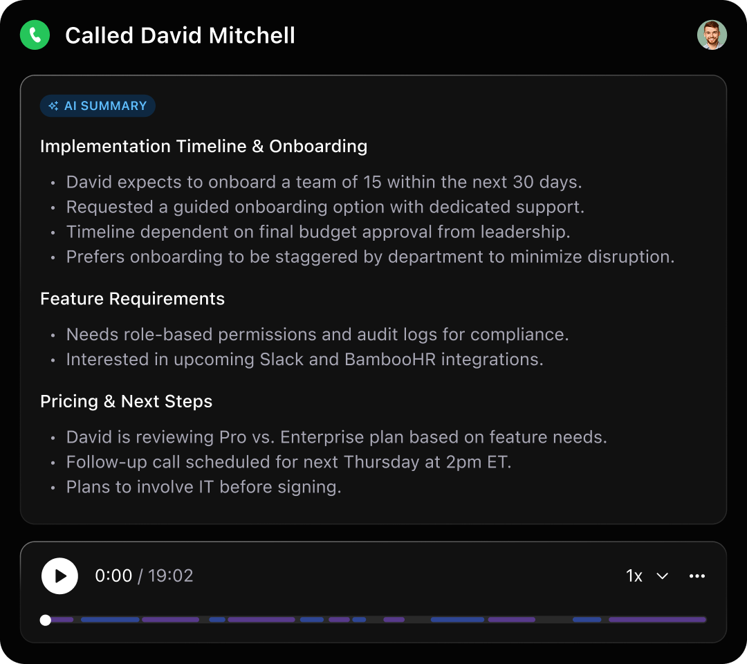 Call summary with David Mitchell covering onboarding, feature needs, and pricing with a 19-minute audio recording.