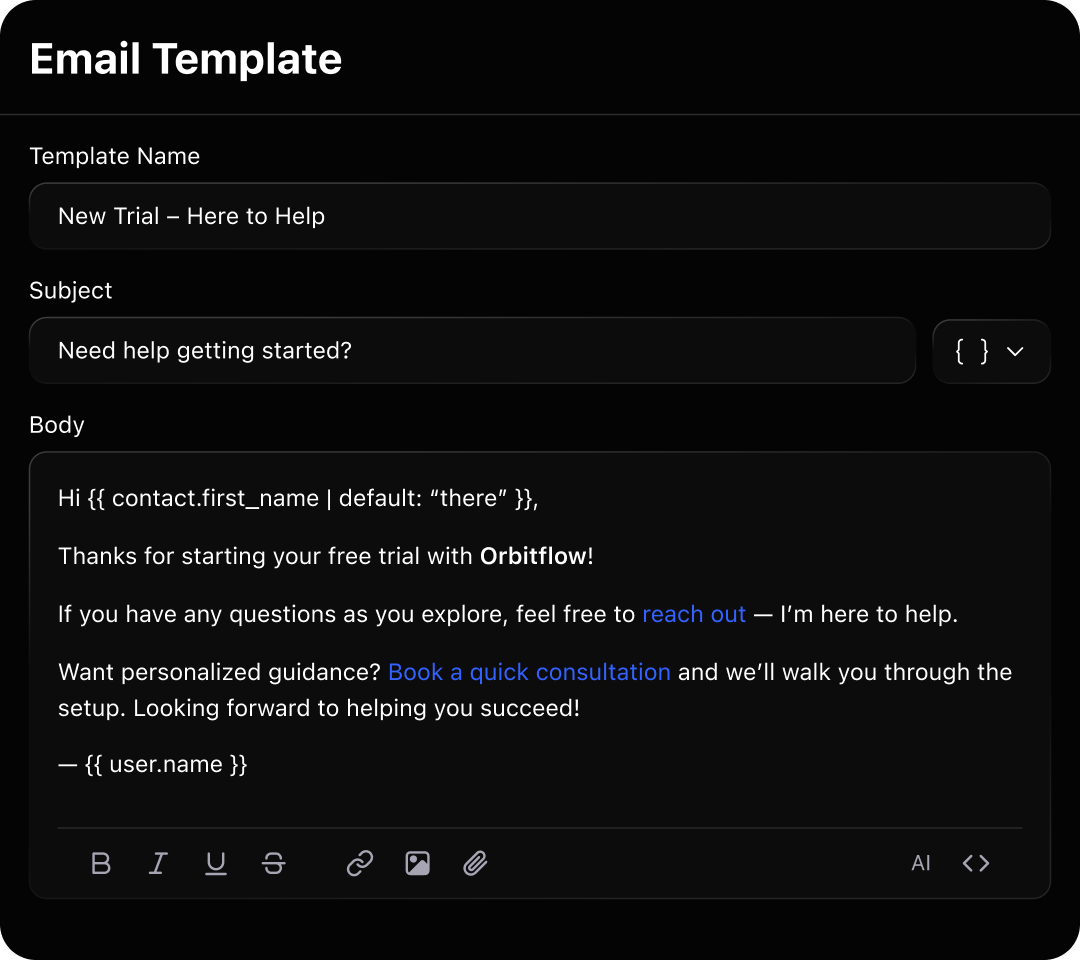 Email template editor showing fields: Template Name, Subject, and Body with sample text and formatting options.