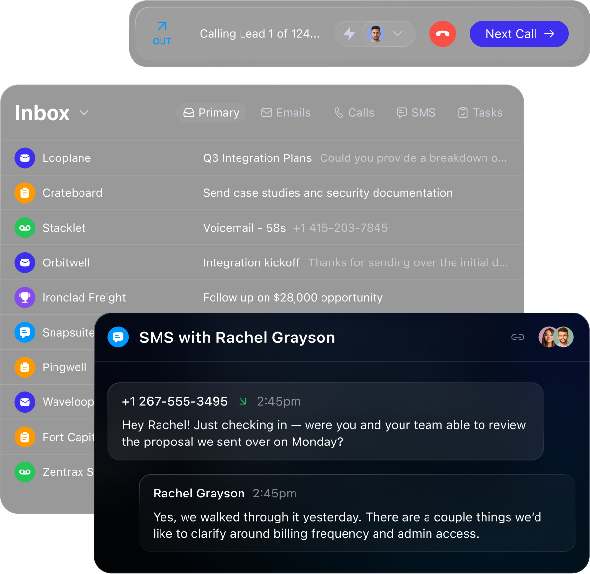Dark mode communication app showing calls, emails, SMS inbox, and an SMS chat with Rachel Grayson.