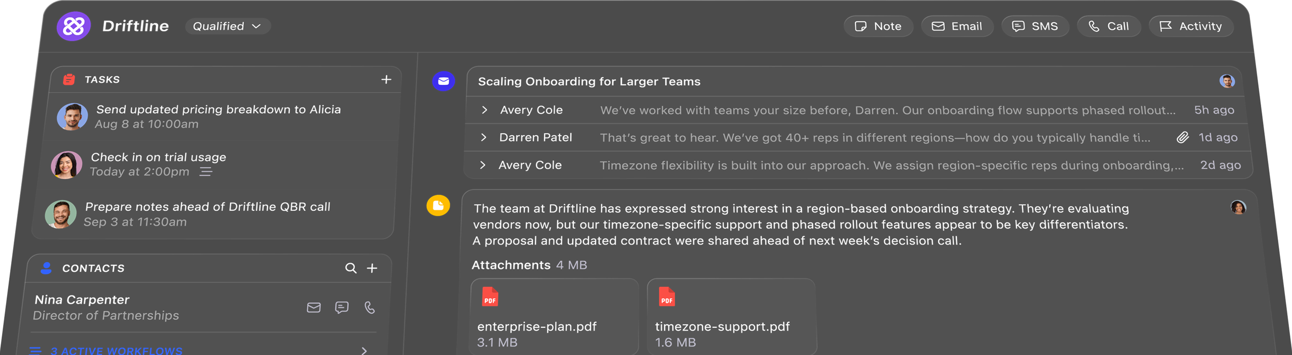 Dark mode Driftline dashboard showing tasks, contacts, messages, notes, emails, and PDFs for onboarding strategy.