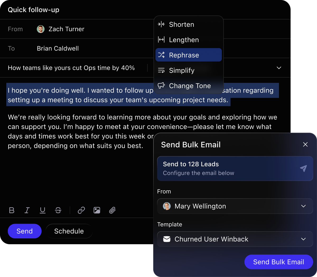 Email interface showing a quick follow-up message with text editing options and a bulk email send panel.