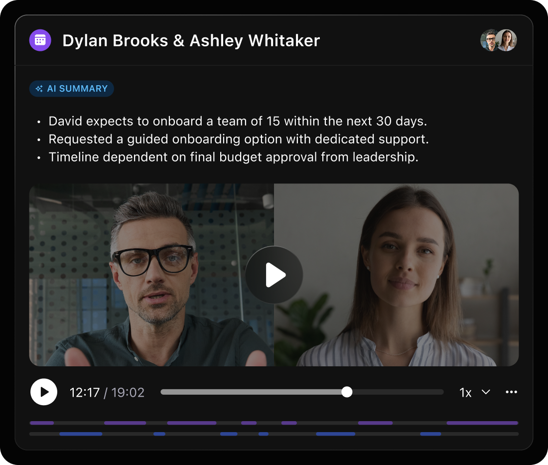 Video call interface showing Dylan Brooks and Ashley Whitaker with AI summary notes and timestamp progress bar.