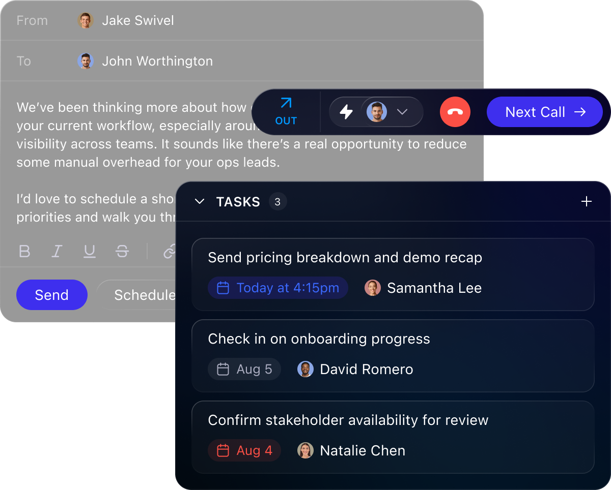 Close CRM — email composer, call bar, and task list working together