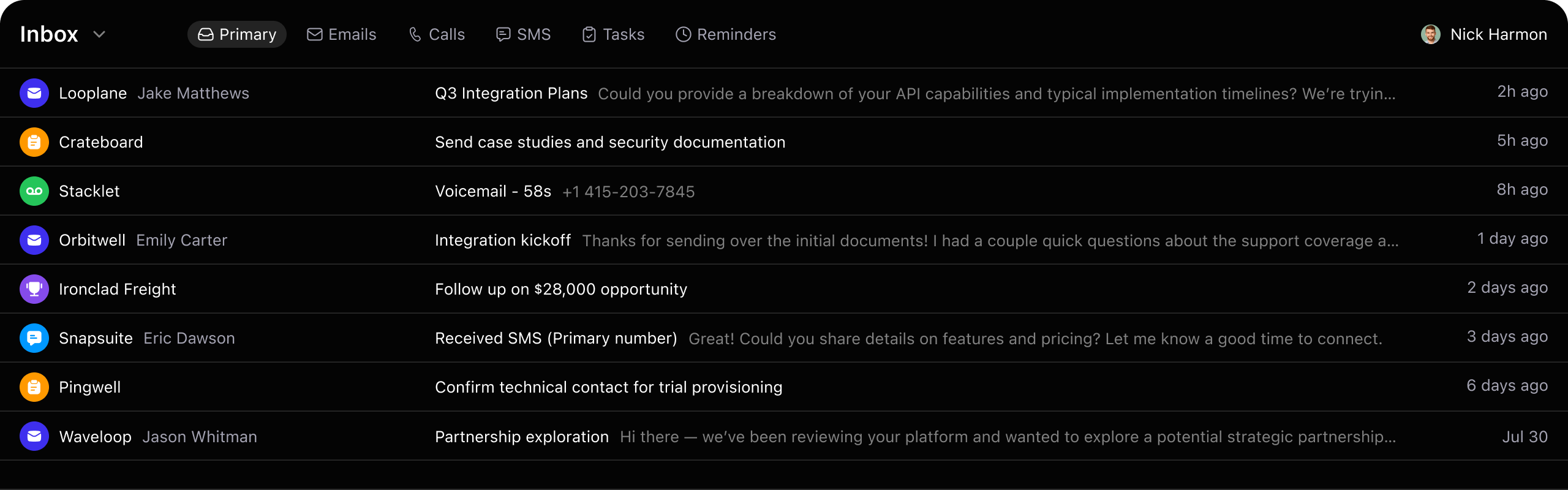 Close inbox — primary view with emails, calls, SMS, tasks, and reminders