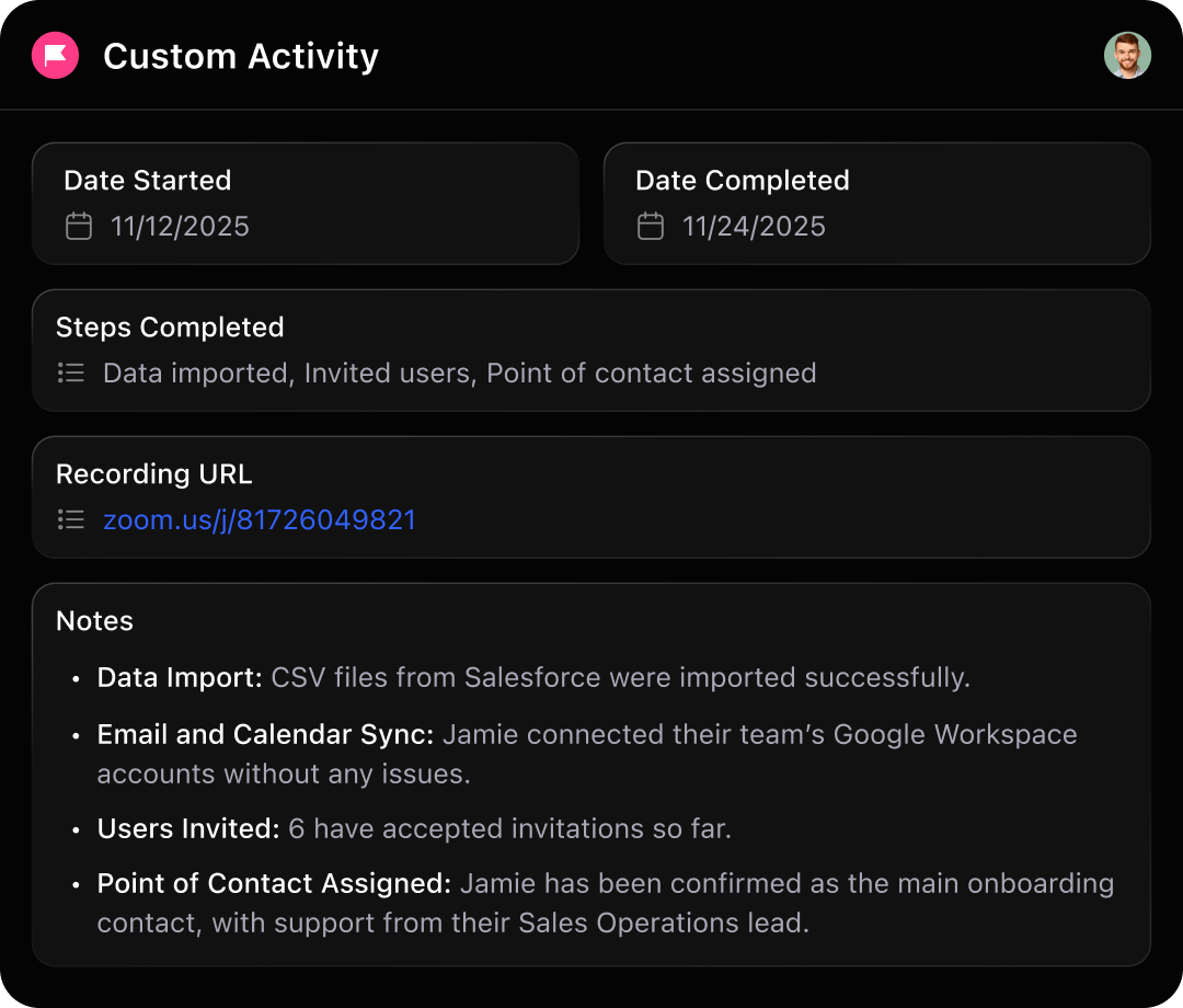 Close custom activity — dates, steps completed, recording URL, and notes