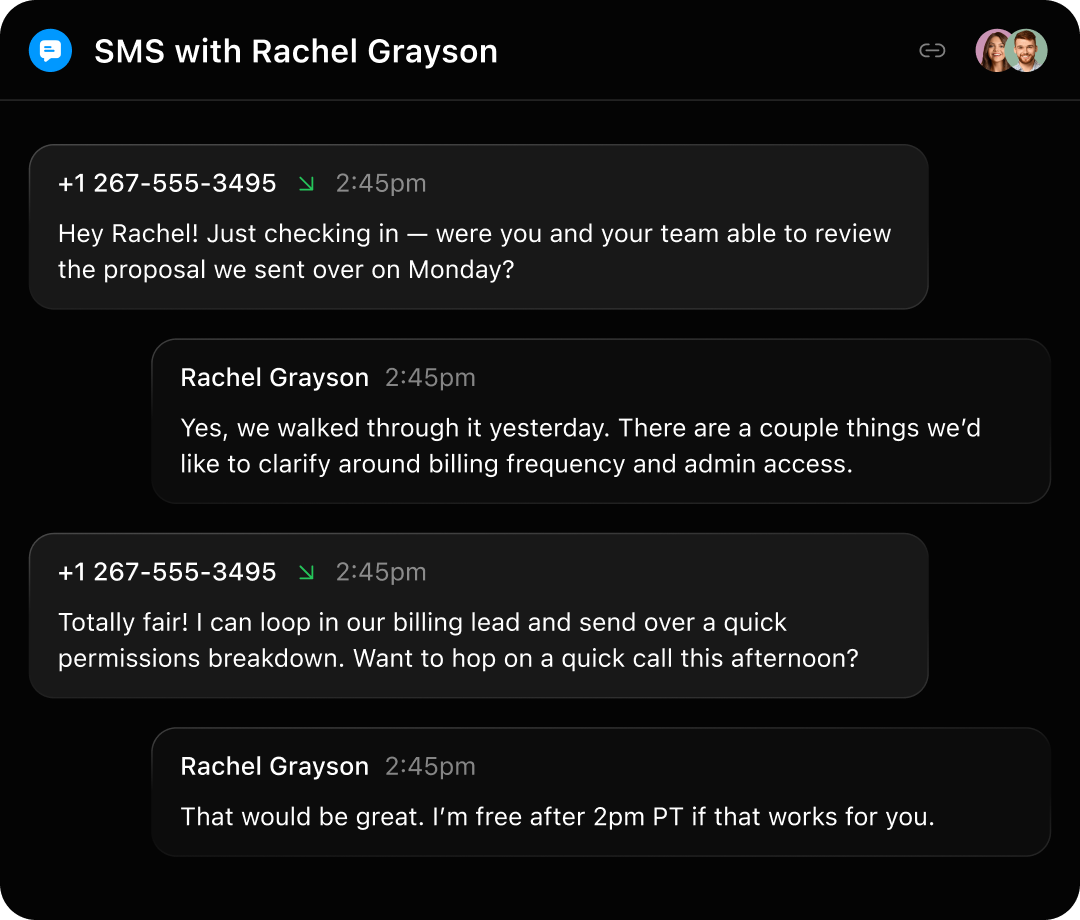 SMS conversation with a lead inside Close