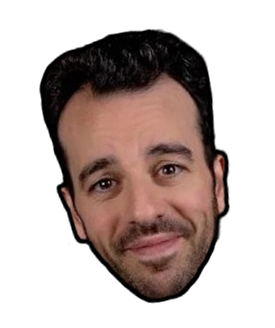 Smiling man with dark curly hair and beard against black background.