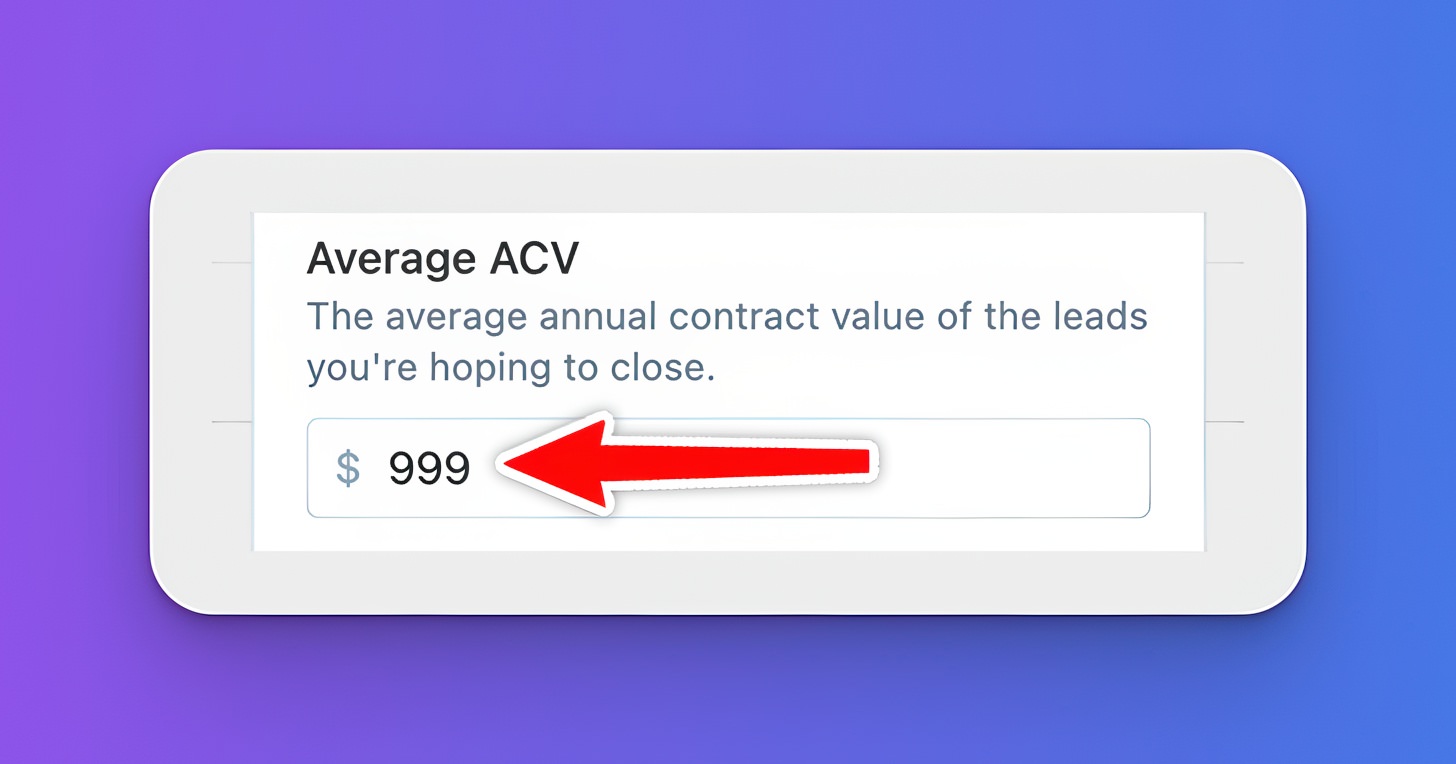 Input box labeled Average ACV showing $999 with a red arrow pointing to the amount.