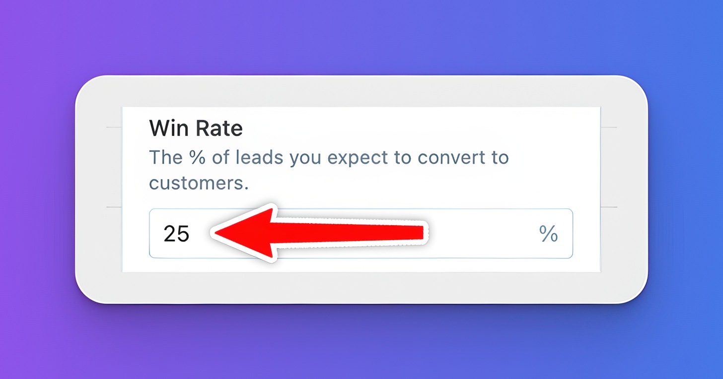 Win Rate input field showing 25%, indicating expected lead-to-customer conversion rate with red arrow.