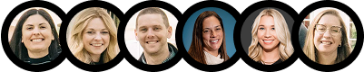 Headshots of six smiling team members against black circular backgrounds.