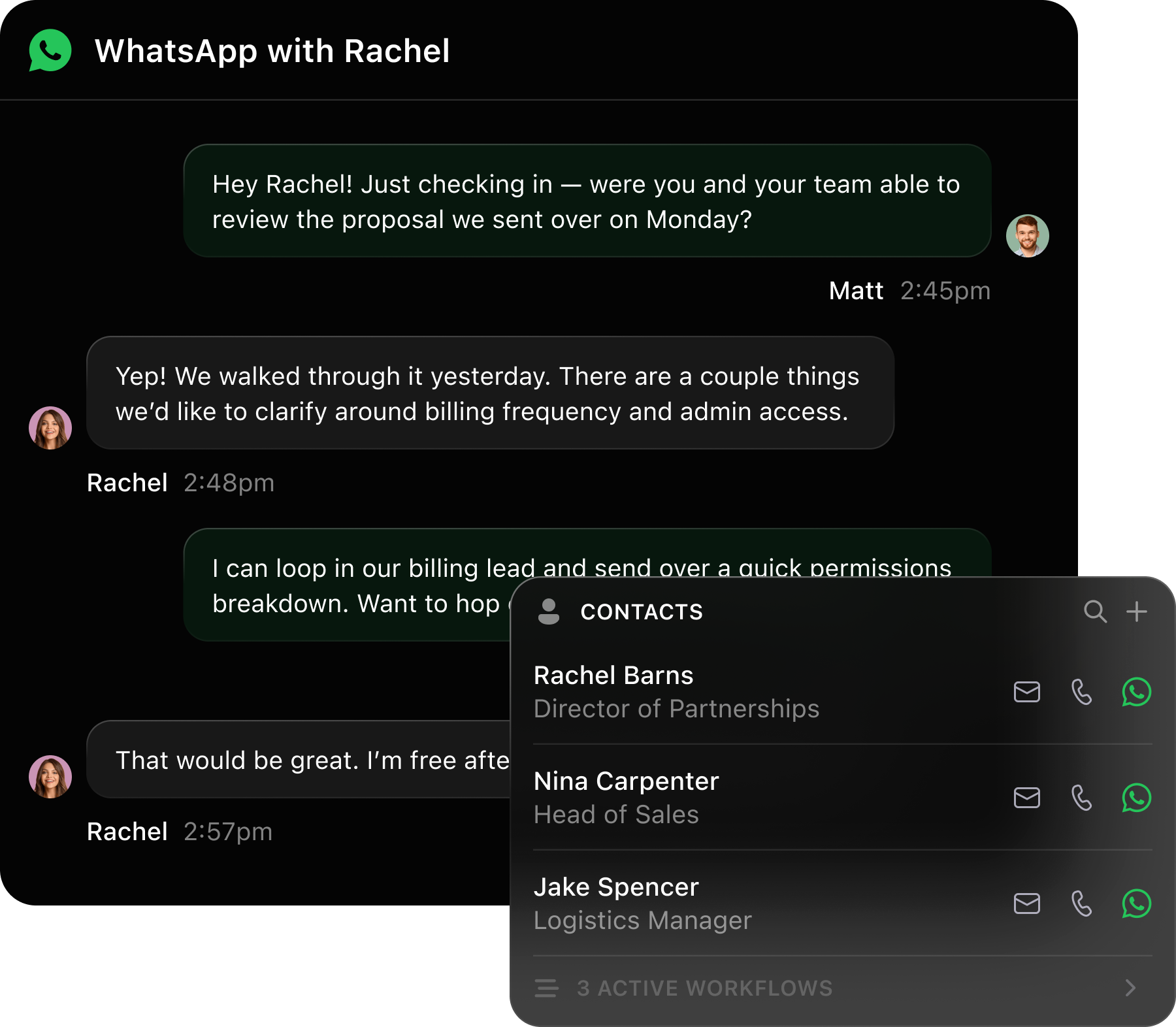 WhatsApp chat between Matt and Rachel discussing a proposal, billing, and permissions with a contact list open.