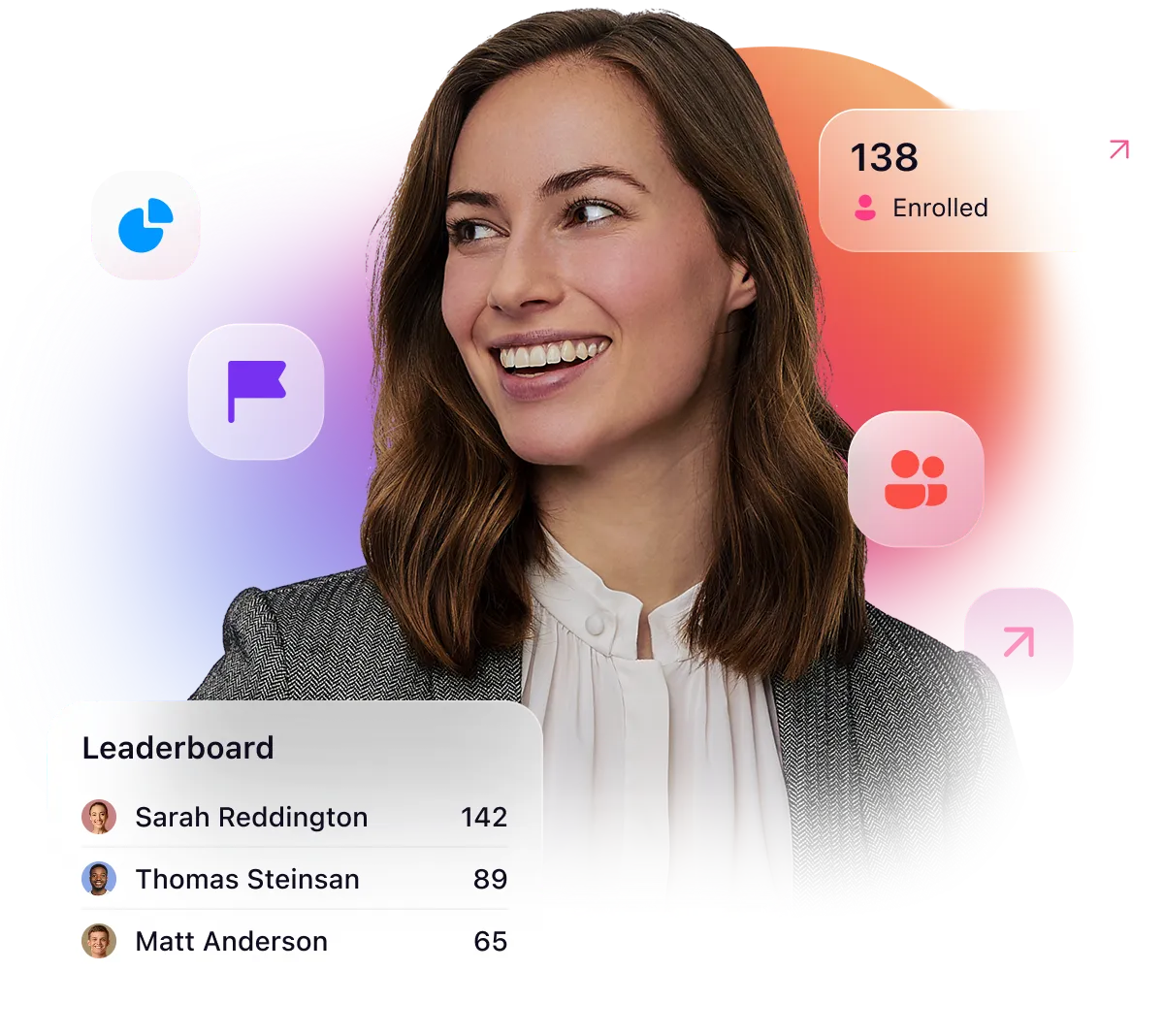 Smiling sales leader with leaderboard and enrollment icons