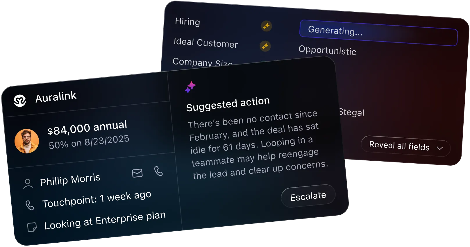Sales dashboard showing an $84,000 annual deal, pipeline details, and a suggested action