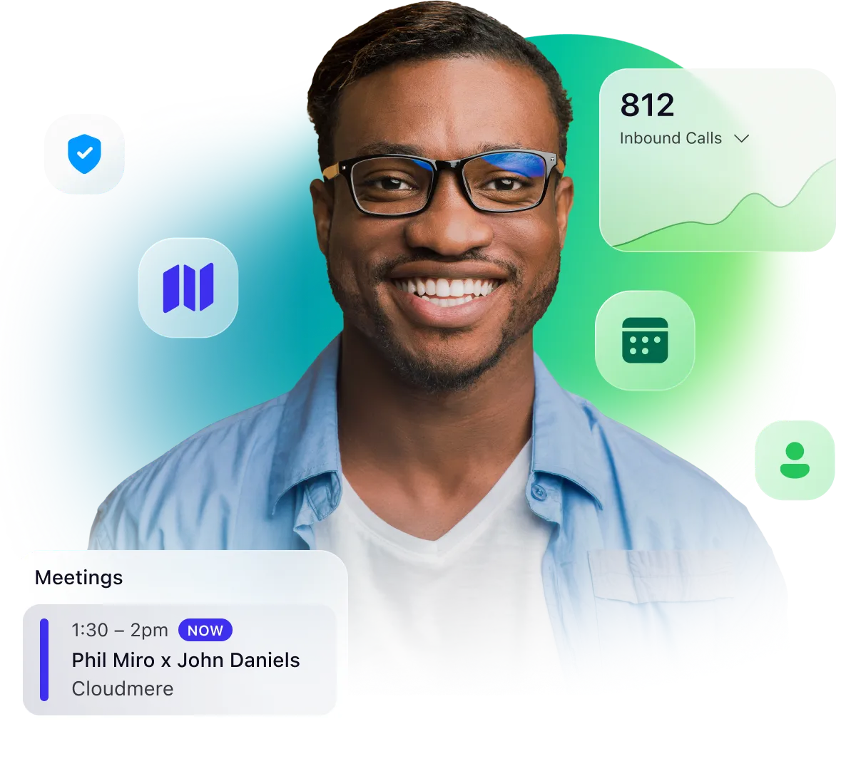 Smiling founder with calling and meeting icons