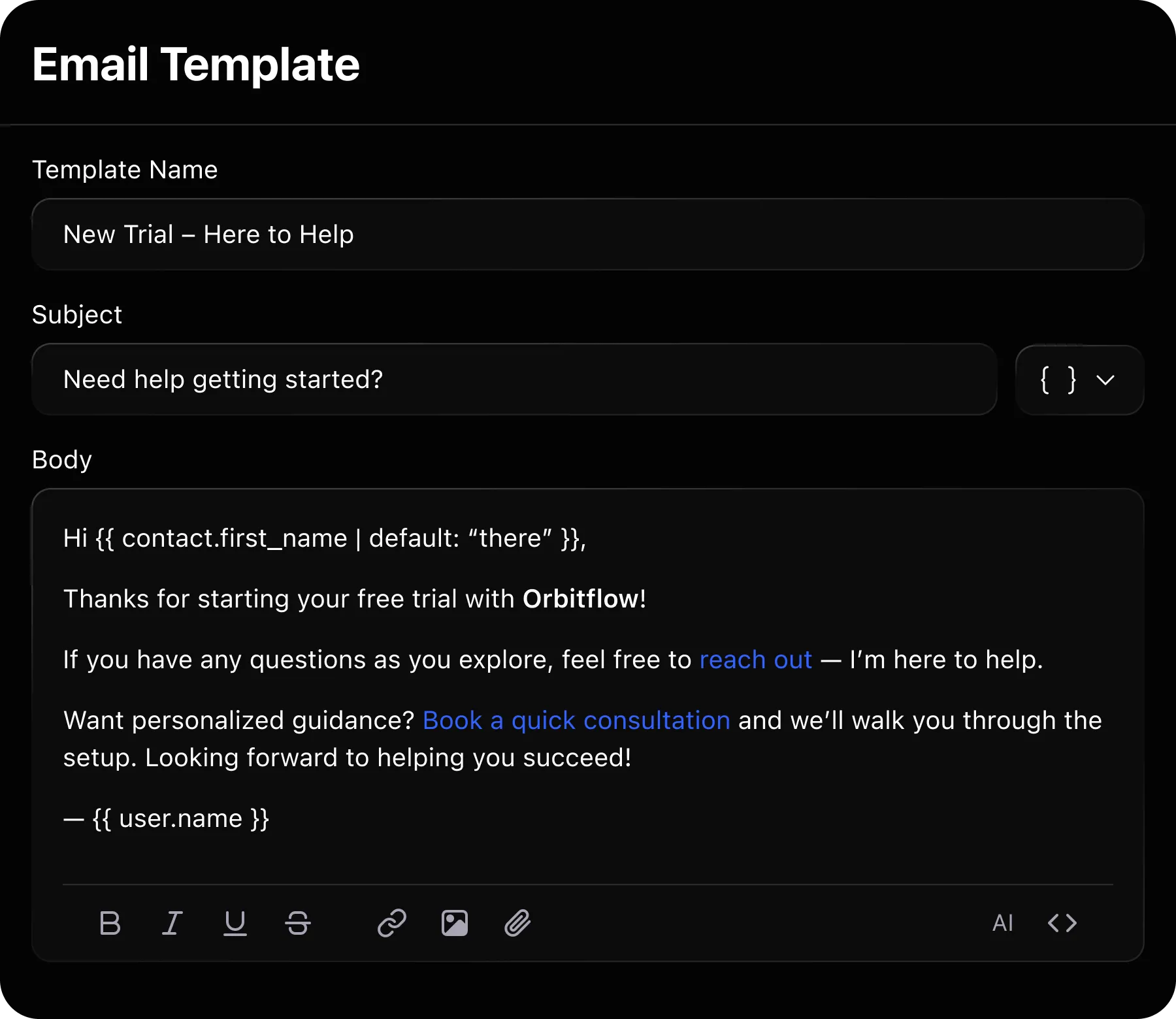 Email template editor with a new trial message