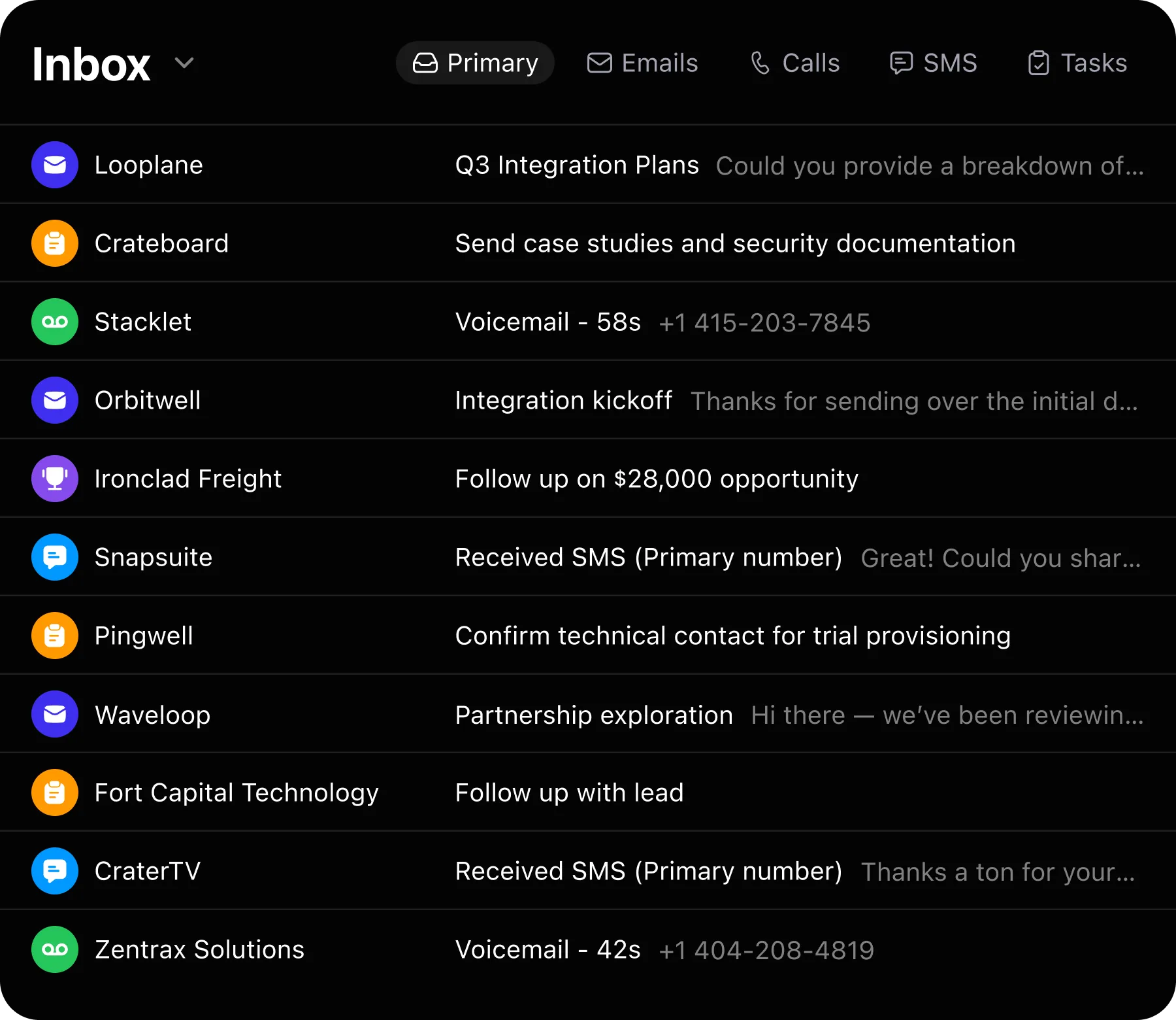 Inbox showing emails, calls, SMS, and tasks