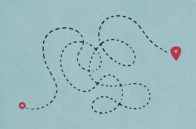 Dashed line path winding between a start point and a location marker