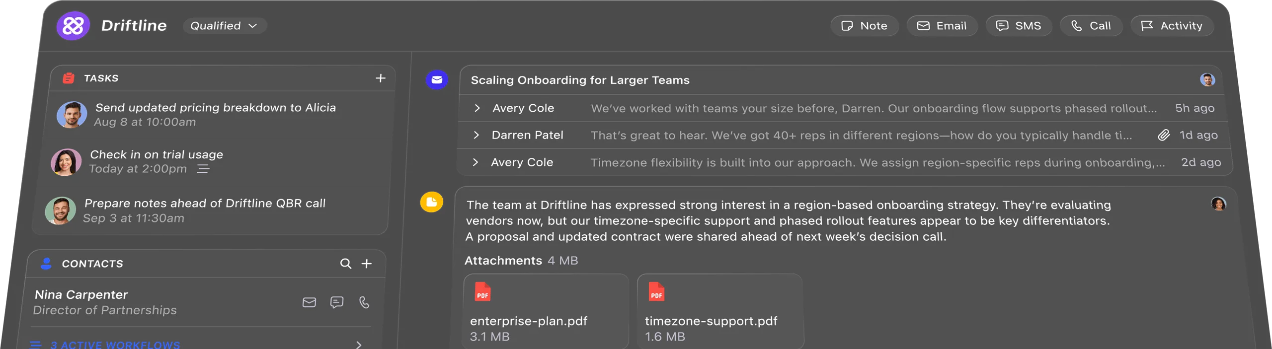 Lead view showing contact details, activity feed, and opportunities