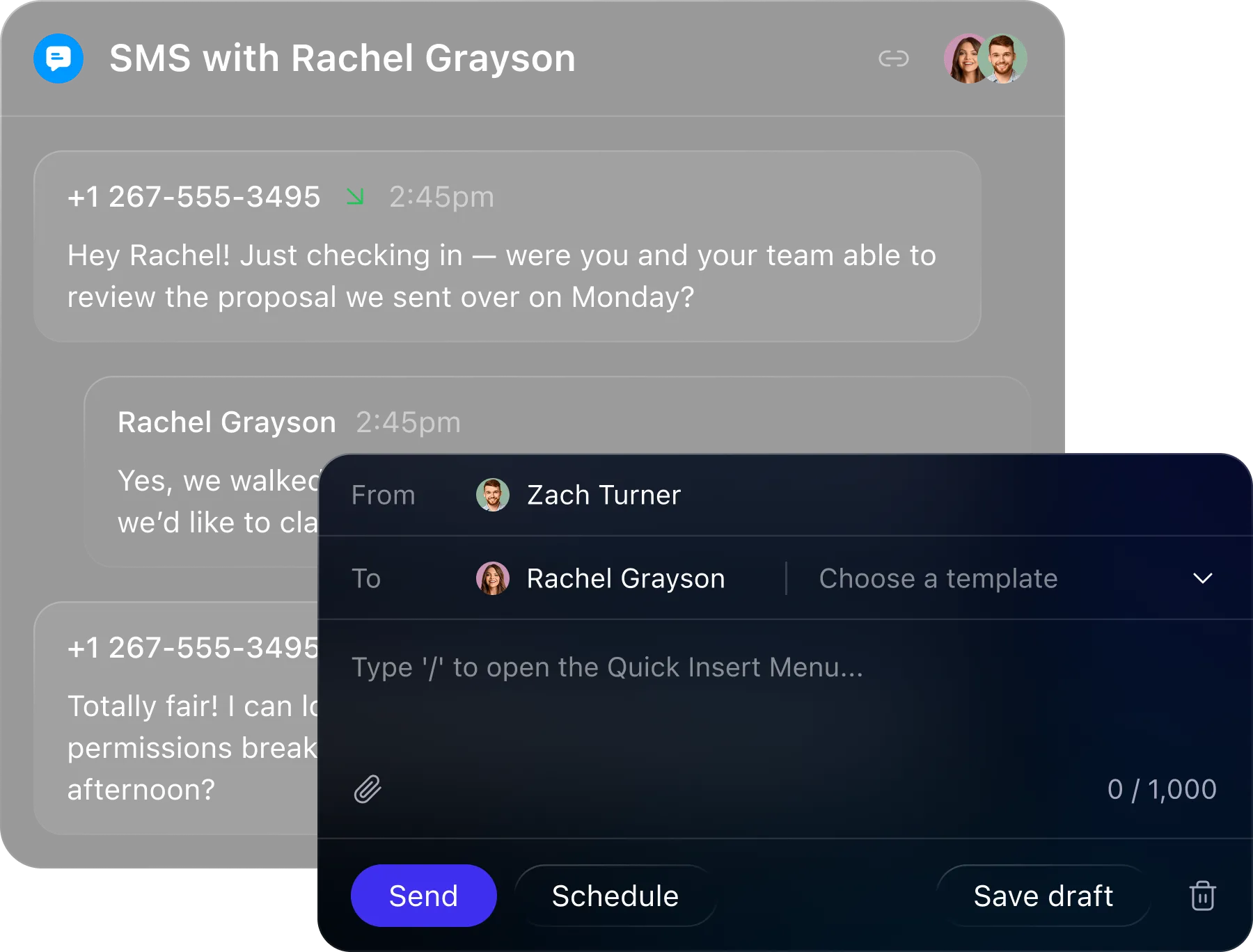 Screenshot of SMS chat between Zach Turner and Rachel Grayson in Close