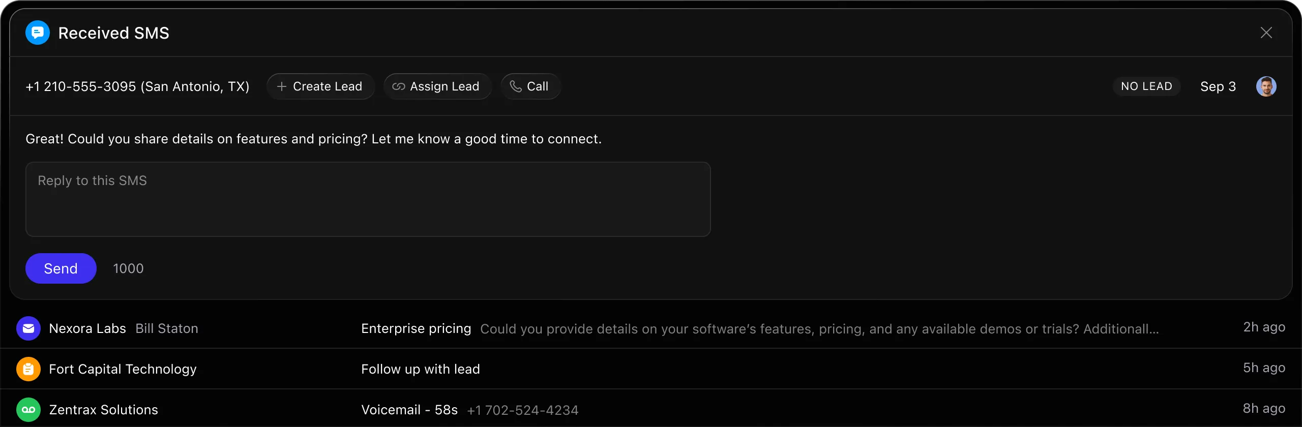Dashboard showing received SMS inside the Close lead view