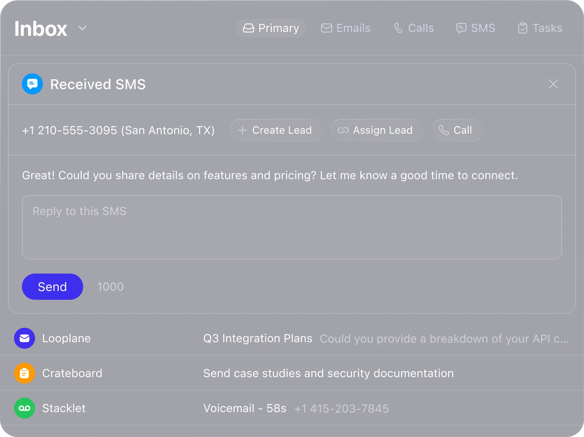 Inbox view showing a received SMS inside Close