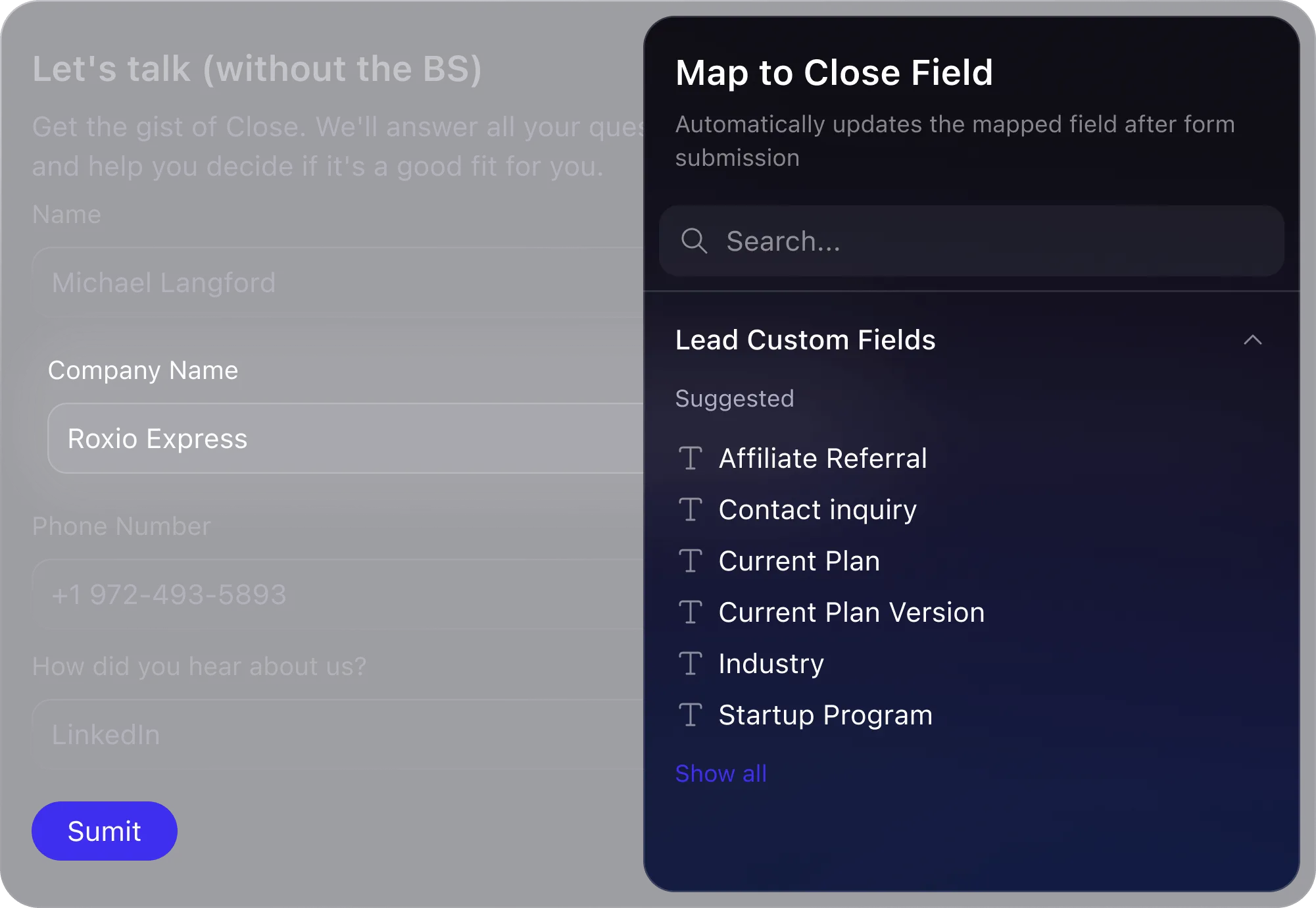 Form with fields for Name, Company, Phone, Referral source, and a mapping section for lead custom fields.