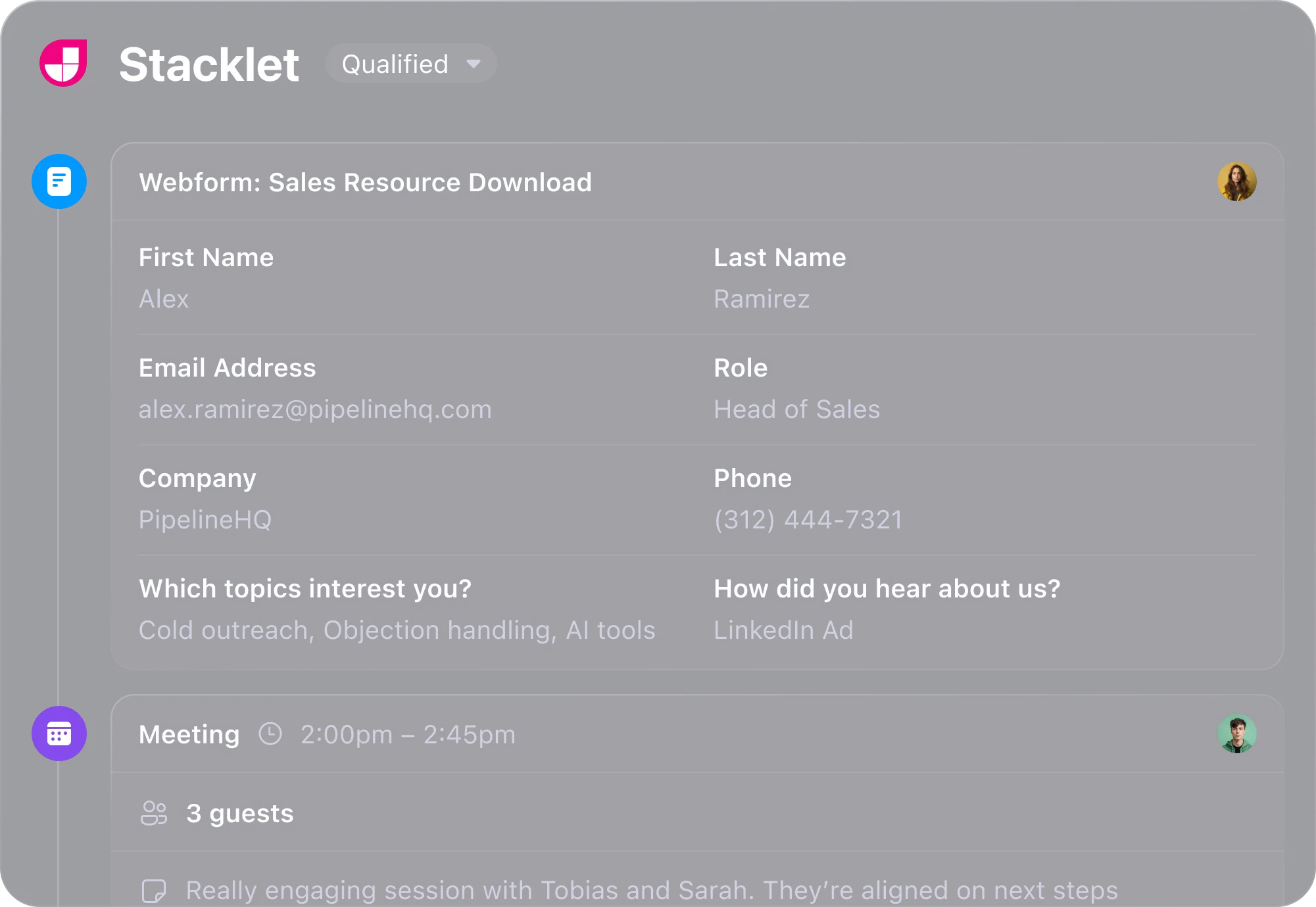 Stacklet form shows sales resource download details for Alex Ramirez, Head of Sales at PipelineHQ.