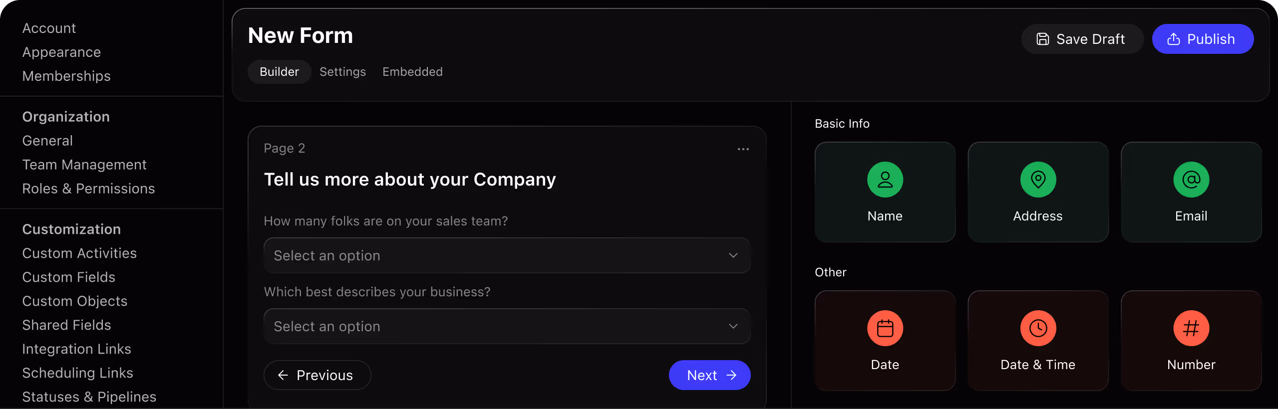 Dark mode form builder interface requesting company details with navigation and field options.