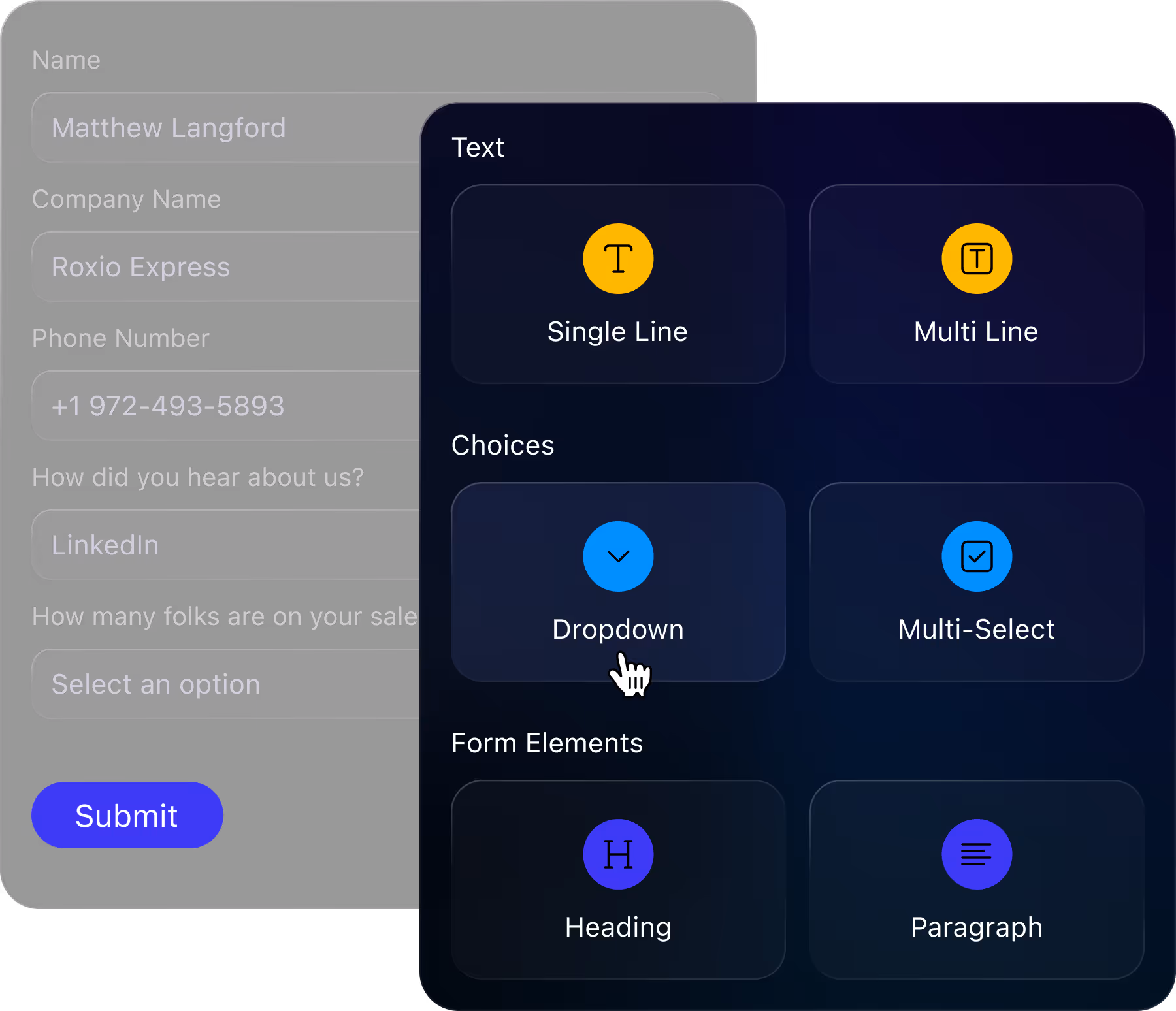 Form with fields for name, company, phone, referral, sales team size, and a submit button plus form element options.