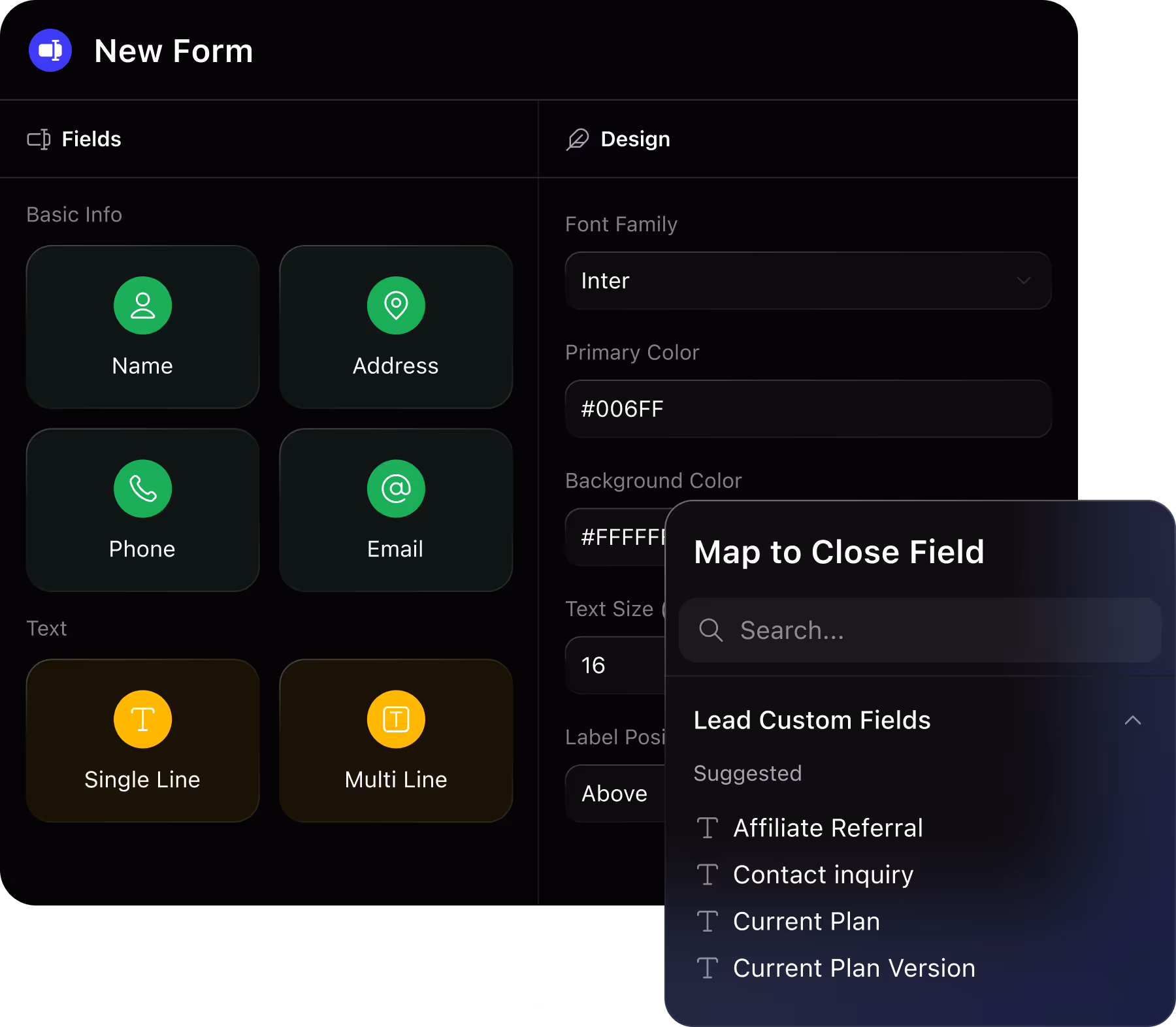 Form builder interface with fields for Name, Address, Phone, Email, and text options Single Line and Multi Line.