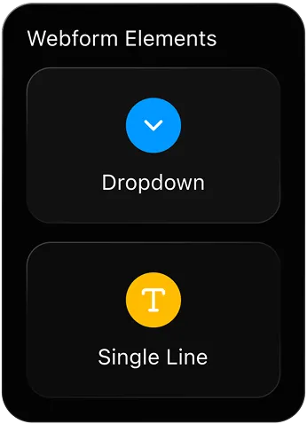 User interface showing Webform Elements with Dropdown and Single Line input options.