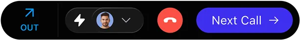 Call interface showing call status, user profile icon, hang-up button, and Next Call button.