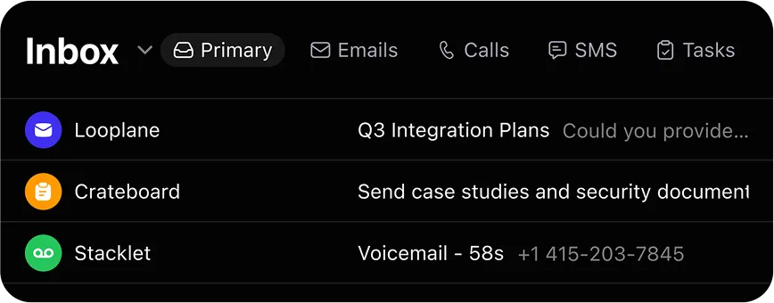 Email inbox screen showing messages from Looplane, Crateboard, and Stacklet with various subject previews.