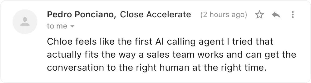 Email — Sarah Haselkorn, Head of Sales, Makespace: "Close gave us 60% more outbound and 28% longer duration per call."