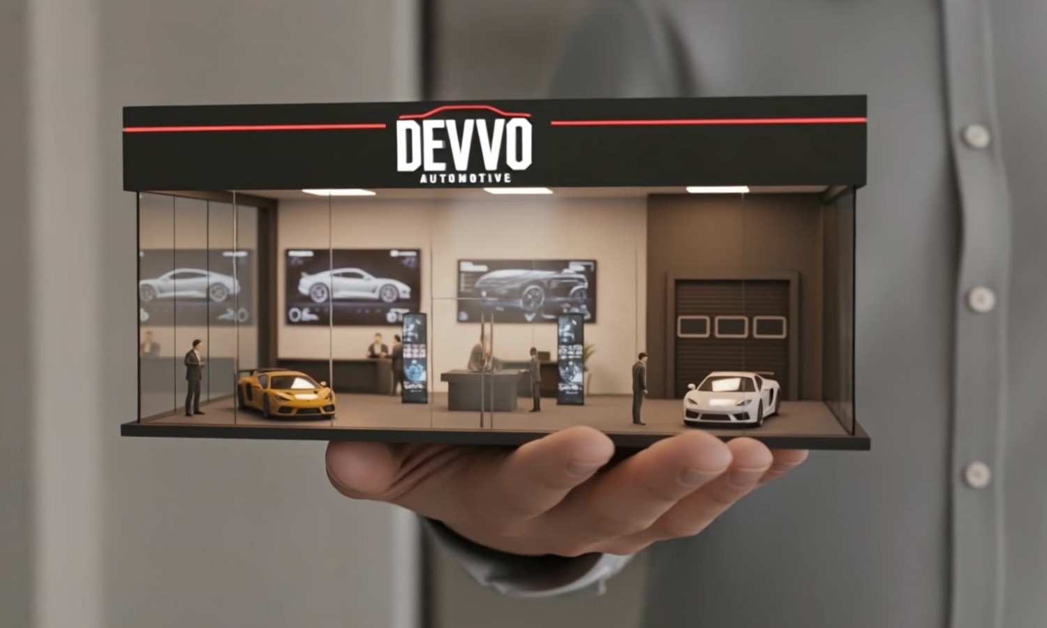 Hand holding a miniature Devvo dealership